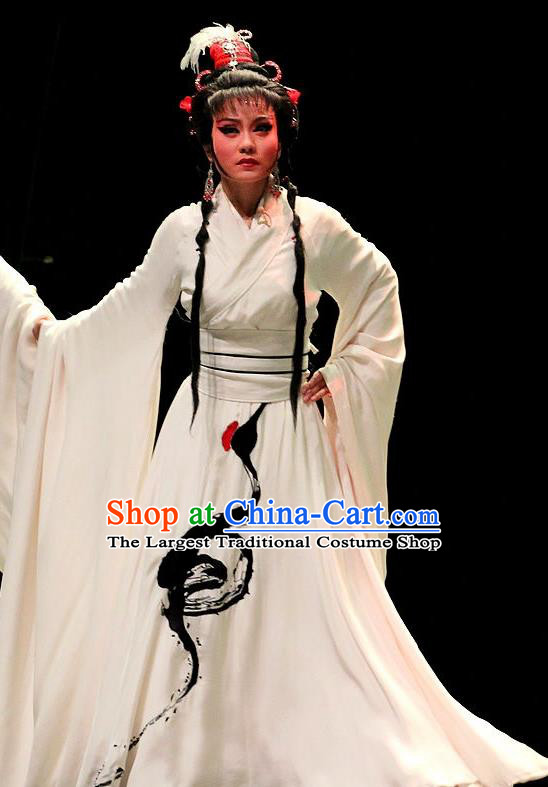 Chinese Huangmei Opera Goddess A Ling Costumes Apparels and Headpieces Qian Yu Jin Traditional Anhui Opera Actress White Dress Garment