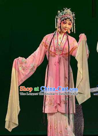 Chinese Shaoxing Opera Rich Female Costumes The Pearl Tower Apparels Yue Opera Garment Young Lady Su E Pink Dress and Headdress