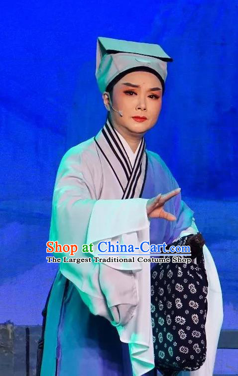 Chinese Yue Opera Niche Poor Scholar Apparels The Pearl Tower Shaoxing Opera Xiao Sheng Costumes Young Male Garment Blue Robe and Hat