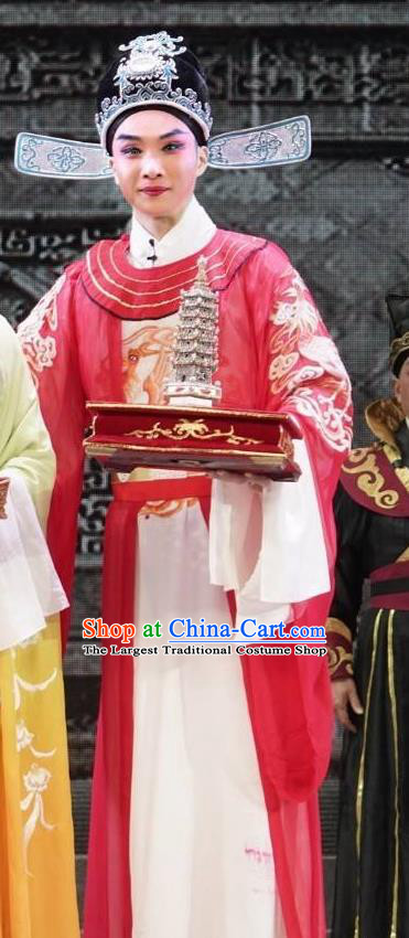 Chinese Yue Opera Niche Apparels The Pearl Tower Shaoxing Opera Xiao Sheng Number One Scholar Fang Qing Costumes Red Garment and Hat