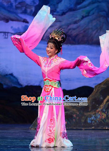 Chinese Huangmei Opera Hua Tan Apparels Costumes and Headpieces Goddess Marriage Traditional Anhui Opera Apsara Pink Dress Actress Garment