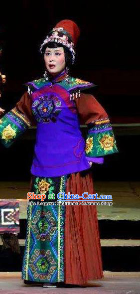 Chinese Huangmei Opera Tujia Nationality Elderly Female Garment Costumes and Headdress Traditional Anhui Opera Dress Ethnic Apparels