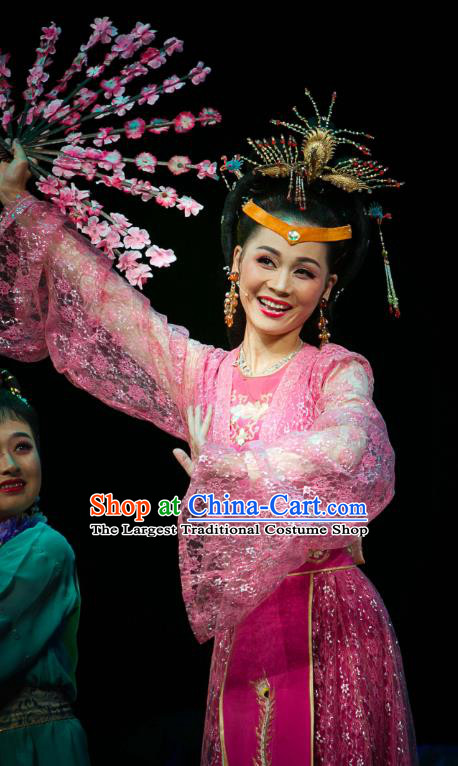 Chinese Huangmei Opera Diva Garment Costumes and Headpieces Dream of Red Mansions Traditional Anhui Opera Noble Female Rosy Dress Apparels