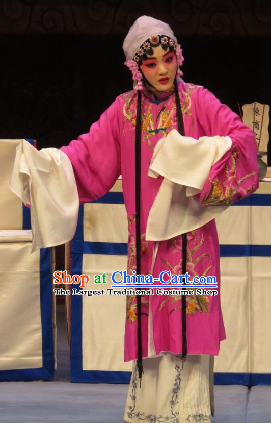Chinese Ping Opera Hua Tan Rosy Apparels Costumes and Headdress Zhen Zhu Shan Traditional Pingju Opera Actress Wang Sanqiao Dress Garment