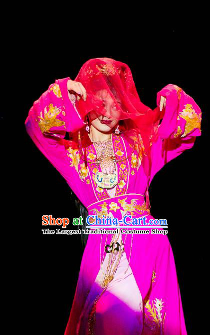 Chinese Huangmei Opera Young Lady Garment Costumes and Headpieces Traditional Anhui Opera Diva Dream of Red Mansions Xue Baochai Rosy Dress Apparels