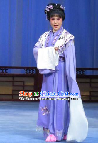 Chinese Ping Opera Young Lady Apparels Costumes and Headdress Yuan Yang Pu Traditional Pingju Opera Huadan Purple Dress Garment