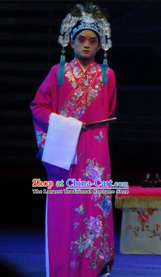 The Five Female Worshipers Chinese Ping Opera Scholar Rosy Robe Costumes and Headwear Pingju Opera Xiaosheng Scholar Apparels Clothing