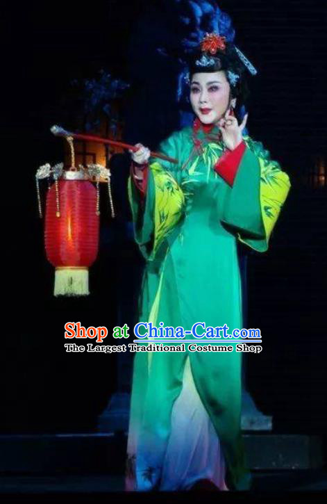 Chinese Ping Opera Actress Costumes Widow Leng Yuefang Apparels and Headpieces Ji Yin Chuan Qi Traditional Pingju Opera Hua Tan Green Dress Garment
