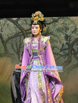 Chinese Shaoxing Opera Imperial Consort Purple Dress Costumes Zhen Huan Apparels Yue Opera Hua Tan Diva Garment and Headpieces