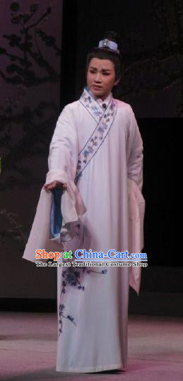 Chinese Yue Opera Scholar Costumes Garment Shuang Yu Chan Shaoxing Opera Xiao Sheng Apparels White Embroidered Robe and Headpiece