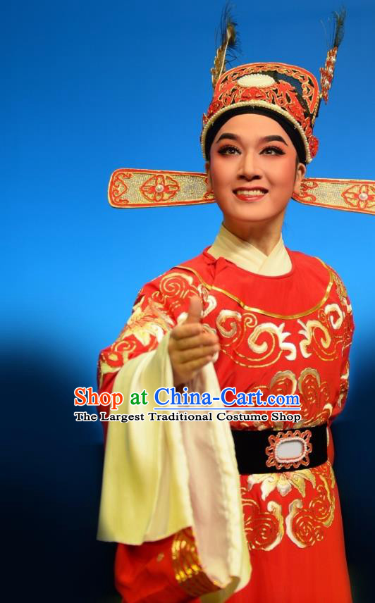 Chinese Yue Opera Number One Scholar Red Embroidered Robe Costumes and Headwear Shuang Yu Chan Shaoxing Opera Xiao Sheng Apparels Garment