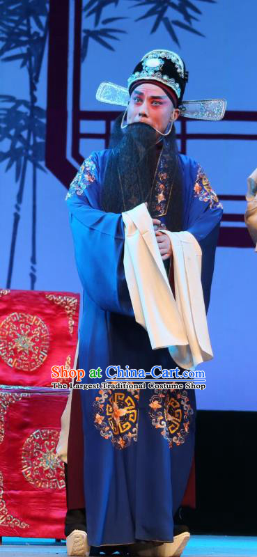Chinese Yue Opera Ministry Official Blue Embroidered Robe Costumes and Hat Shaoxing Opera A Tragic Marriage Elderly Male Lao Sheng Apparels Garment
