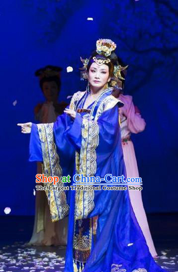 Chinese Shaoxing Opera Empress Costumes Yue Opera Zhen Huan Apparels Hua Tan Garment Imperial Queen Blue Dress and Headdress