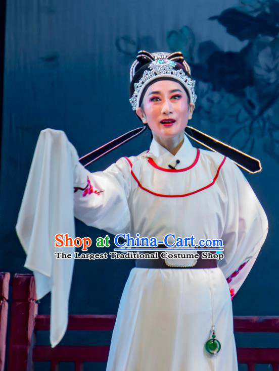 Chinese Yue Opera Xiao Sheng Official Lu You And Tang Wan Costumes and Hat Shaoxing Opera Scholar Apparels Young Male White Robe Garment