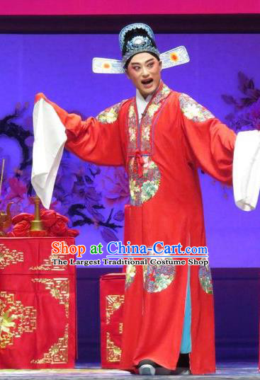 Chinese Yue Opera Young Male Tell On Sargam Costumes and Hat Shaoxing Opera Xiaosheng Garment Scholar Red Apparels Clothing