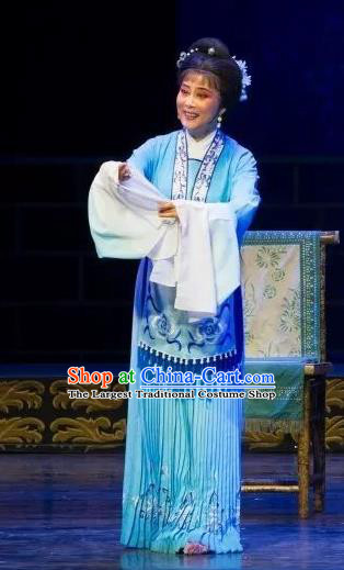 Chinese Shaoxing Opera Country Female Blue Dress Apparels Yue Opera Wu Nv Bai Shou Hua Dan Costumes Actress Yang Sanchun Garment and Headpiece