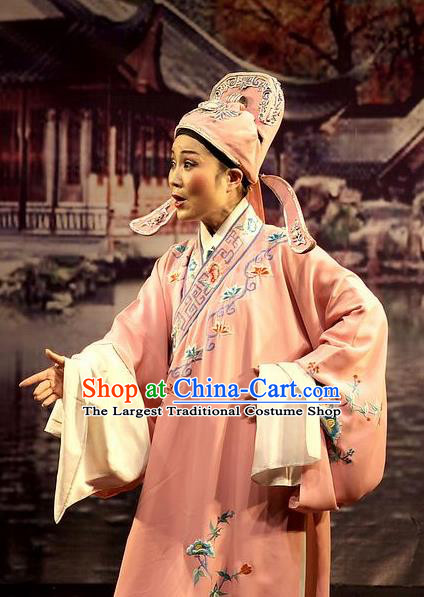 Chinese Yue Opera Xiaosheng Wu Nv Bai Shou Costumes and Headwear Shaoxing Opera Young Male Apparels Scholar Pink Embroidered Robe Garment