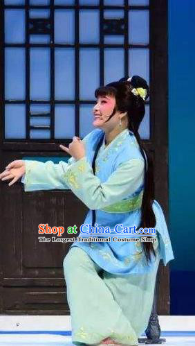 Chinese Shaoxing Opera Slave Girl Costumes and Hair Ornament Xiang Luo Ji Yue Opera Xiao Dan Garment Apparels Clothing Young Maidservant Dress