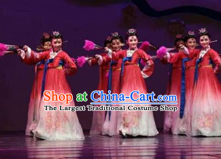 Chinese Shaoxing Opera Geisha Red Korean Hanbok Apparels and Headdress Chunh Yang Yue Opera Young Female Dress Costumes Garment