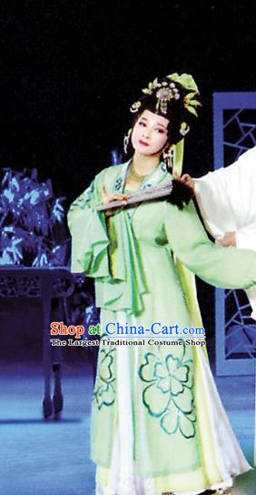 Chinese Shaoxing Opera Hua Tan Actress Apparels Costumes and Hair Accessories Li Hui Niang Yue Opera Young Lady Garment Green Dress