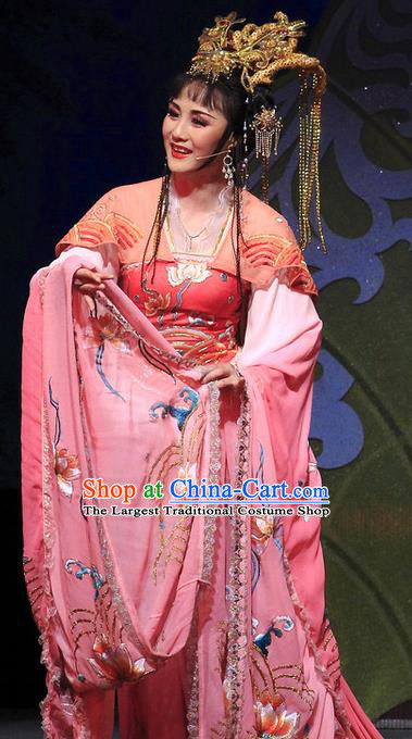 Chinese Shaoxing Opera Hua Tan Dress Costumes and Headdress The Princess Messenger Farewell at Lakeside Yue Opera Dragon Princess San Niang Garment Apparels