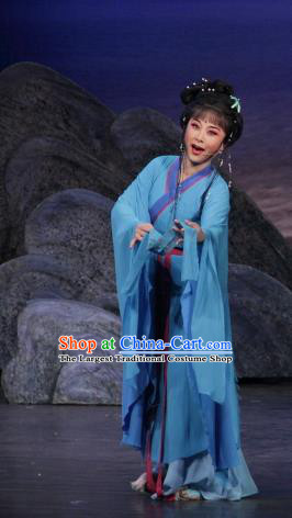 Chinese Shaoxing Opera Shepherdess Blue Dress Costumes and Headpieces The Princess Messenger Farewell at Lakeside Yue Opera Hua Tan San Niang Apparels Garment