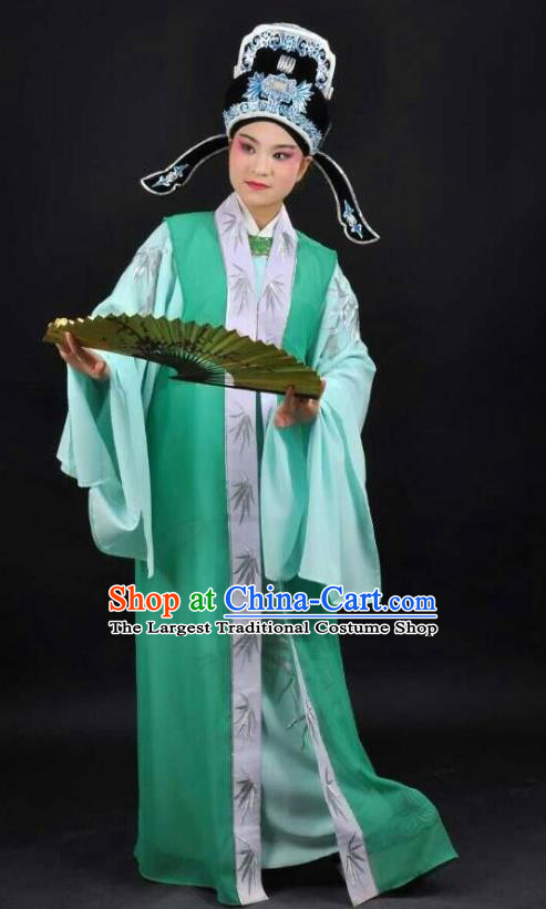 Li Mei Yue Chinese Yue Opera Young Man Green Costumes and Hat Shaoxing Opera Xiaosheng Garment Scholar Apparels Clothing