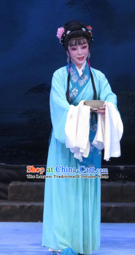 Chinese Ping Opera Young Female Li Hua Apparels Costumes and Headpieces Traditional Pingju Opera Pear Blossom Love Diva Blue Dress Garment