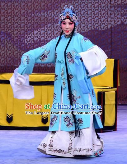 Chinese Beijing Opera Hua Tan Apparels Actress Costumes and Headdress Han Yuniang Traditional Peking Opera Blue Dress Diva Garment