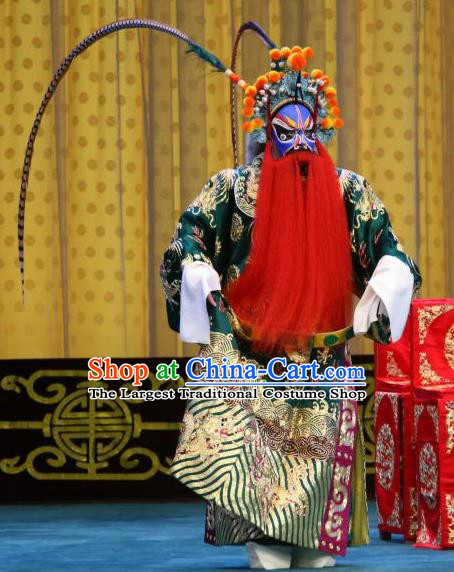 Chained Traps Chinese Peking Opera Martial Male Garment Costumes and Headwear Beijing Opera Jing Role Apparels General Dou Erdun Clothing