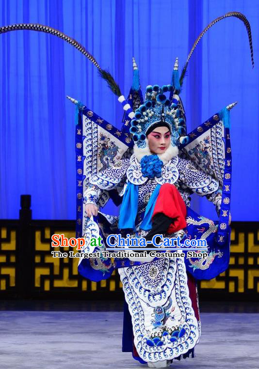 Romance of the Iron Bow Chinese Peking Opera General Armor Suits Garment Costumes and Headwear Beijing Opera Kao Apparels Martial Male Clothing with Flags