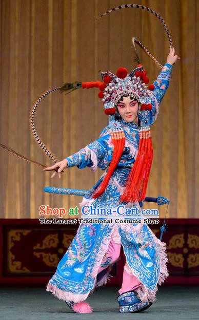 Chinese Beijing Opera Blues Hu Sanniang Apparels Hu Jia Zhuang Costumes and Headdress Traditional Peking Opera Martial Female Dress Armor Garment