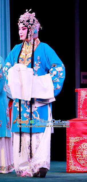 Chinese Beijing Opera Rich Lady Che Jingfang Apparels Shi Wen Hui Costumes and Headpieces Traditional Peking Opera Hua Tan Dress Young Beauty Blue Garment