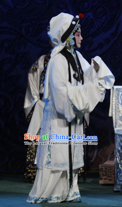 Chinese Beijing Opera Distress Woman Apparels Zhao Tuo Costumes and Headpieces Traditional Peking Opera Actress White Dress Garment