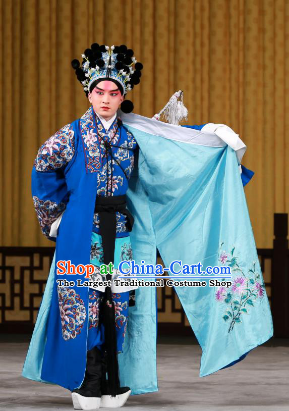 San Dao Ling Chinese Peking Opera Swordsman Garment Costumes and Headwear Beijing Opera Martial Male Apparels Takefu Yan Qing Clothing