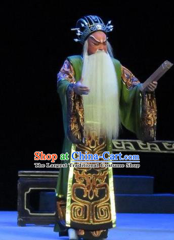 Saving Orphan Chinese Ping Opera Elderly Official Garment Costumes and Headwear Pingju Opera Old Man Apparels Minister Clothing
