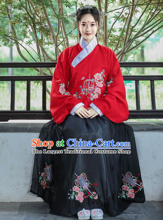 Chinese Traditional Ming Dynasty Patrician Lady Hanfu Dress Ancient Historical Costumes Red Blouse and Black Skirt Complete Set