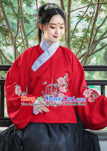 Chinese Traditional Ming Dynasty Patrician Lady Hanfu Dress Ancient Historical Costumes Red Blouse and Black Skirt Complete Set