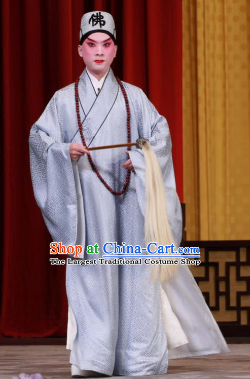 Sha Qiao Jian Bie Chinese Peking Opera Monk Grey Robe Garment Costumes and Headwear Beijing Opera Xuan Zhuang Apparels Clothing