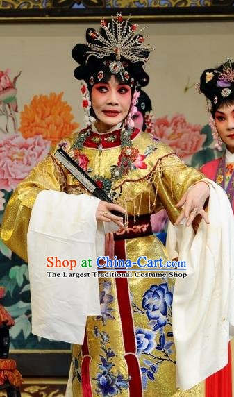 Chinese Beijing Opera Actress Garment The Dream Of Red Mansions Costumes and Hair Accessories Traditional Peking Opera Diva Wang Xifeng Golden Dress Apparels