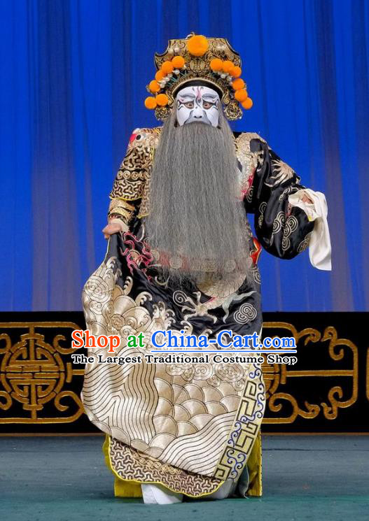 Gai Rong Zhan Fu Chinese Peking Opera Jing Garment Costumes and Headwear Beijing Opera Painted Role Apparels Military Officer Han Rong Clothing