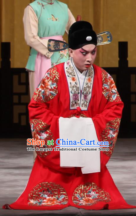 Jin Yunu Chinese Peking Opera Bridegroom Apparels Costumes and Headpieces Beijing Opera Young Male Garment Scholar Mo Ji Wedding Clothing