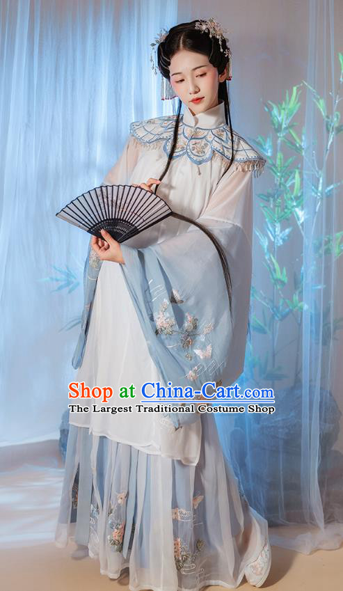 Chinese Traditional Ming Dynasty Royal Princess Historical Costumes Ancient Noble Female Blue Hanfu Dress Embroidered Garment