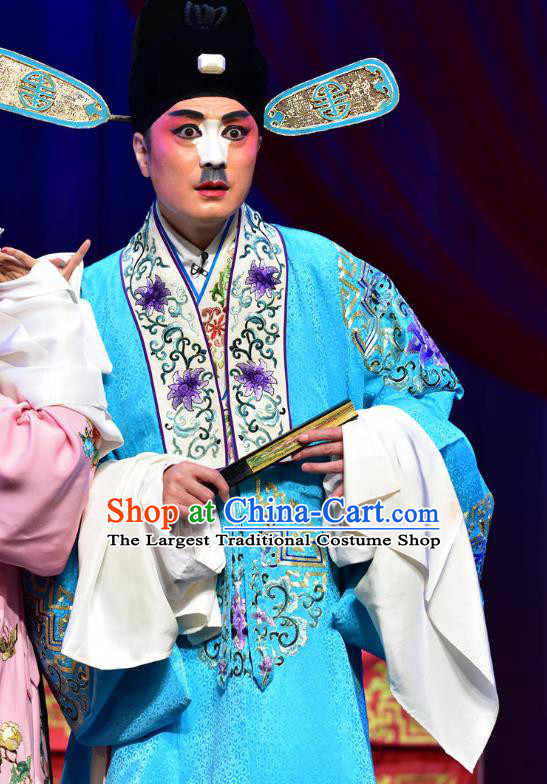 Divorce Case Chinese Sichuan Opera Young Male Apparels Costumes and Headpieces Peking Opera Xiaosheng Garment Clown Blue Clothing