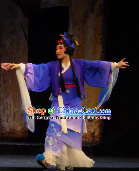 Chinese Sichuan Opera Maidservant Du Juan Costumes and Hair Accessories Hui Lan Ji Traditional Peking Opera Young Female Dress Actress Purple Apparels
