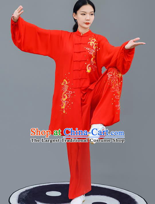 Chinese Traditional Tai Chi Competition Red Costume Professional Tai Ji Training Outfits Top Grade Martial Arts Performance Uniform for Women