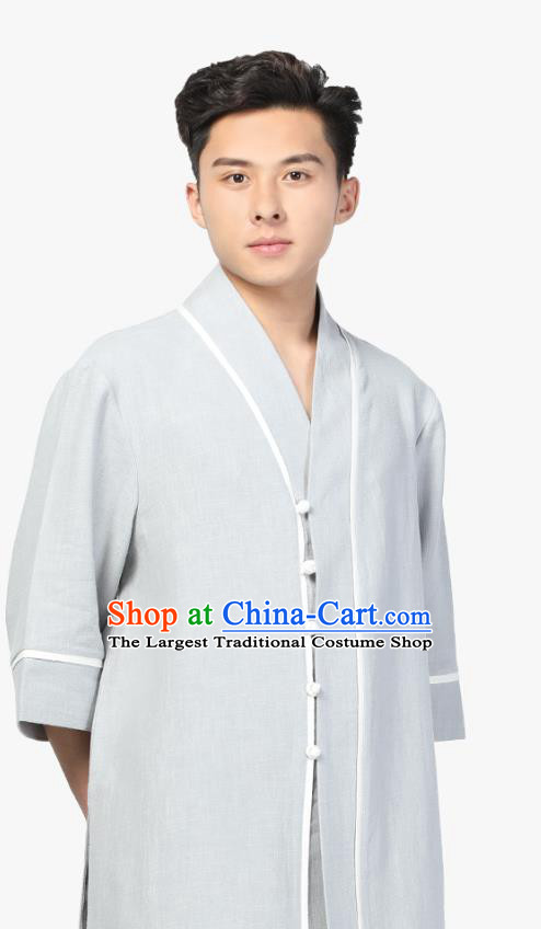 Chinese Traditional Tang Suit Costume National Clothing Grey Ramie Shirt for Men