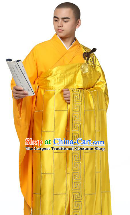 Chinese Traditional Monk Golden Silk Frock Costume Buddhism Clothing Cassock Bonze Garment for Men