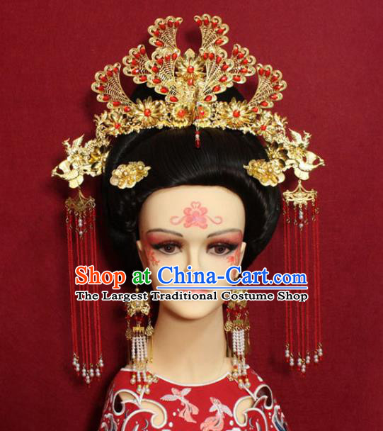 Traditional Handmade Chinese Ancient Queen Red Beads Hair Accessories Golden Phoenix Coronet Hair Jewelry Hair Fascinators Tassel Hairpins for Women