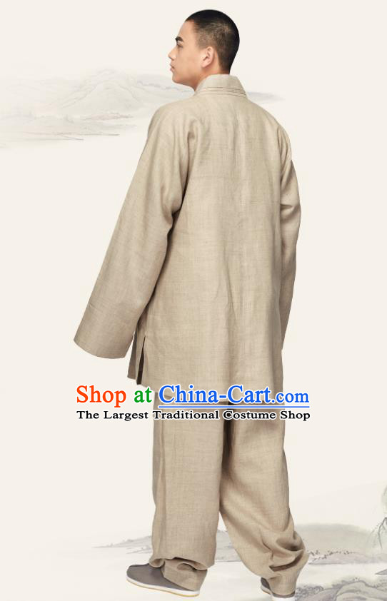 Chinese Traditional Monk Khaki Flax Short Gown and Pants Meditation Garment Buddhist Bonze Costume for Men
